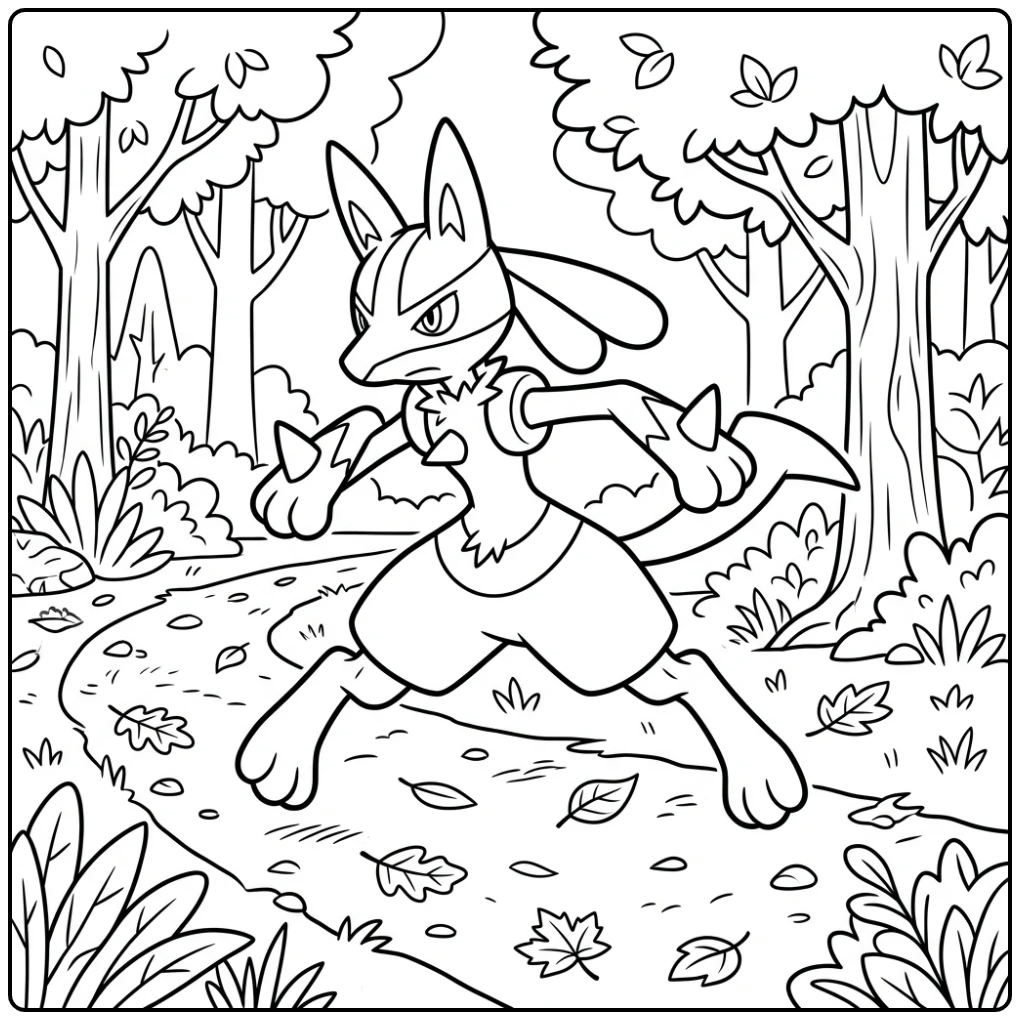 Snelle lucario kleurplaat rennend over bospad met dynamische bladeren