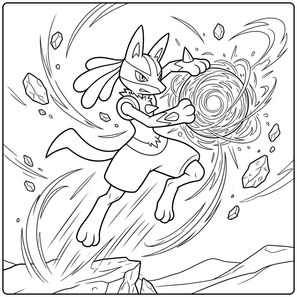 Actievolle lucario kleurplaat: Lucario springt met aura aanval.