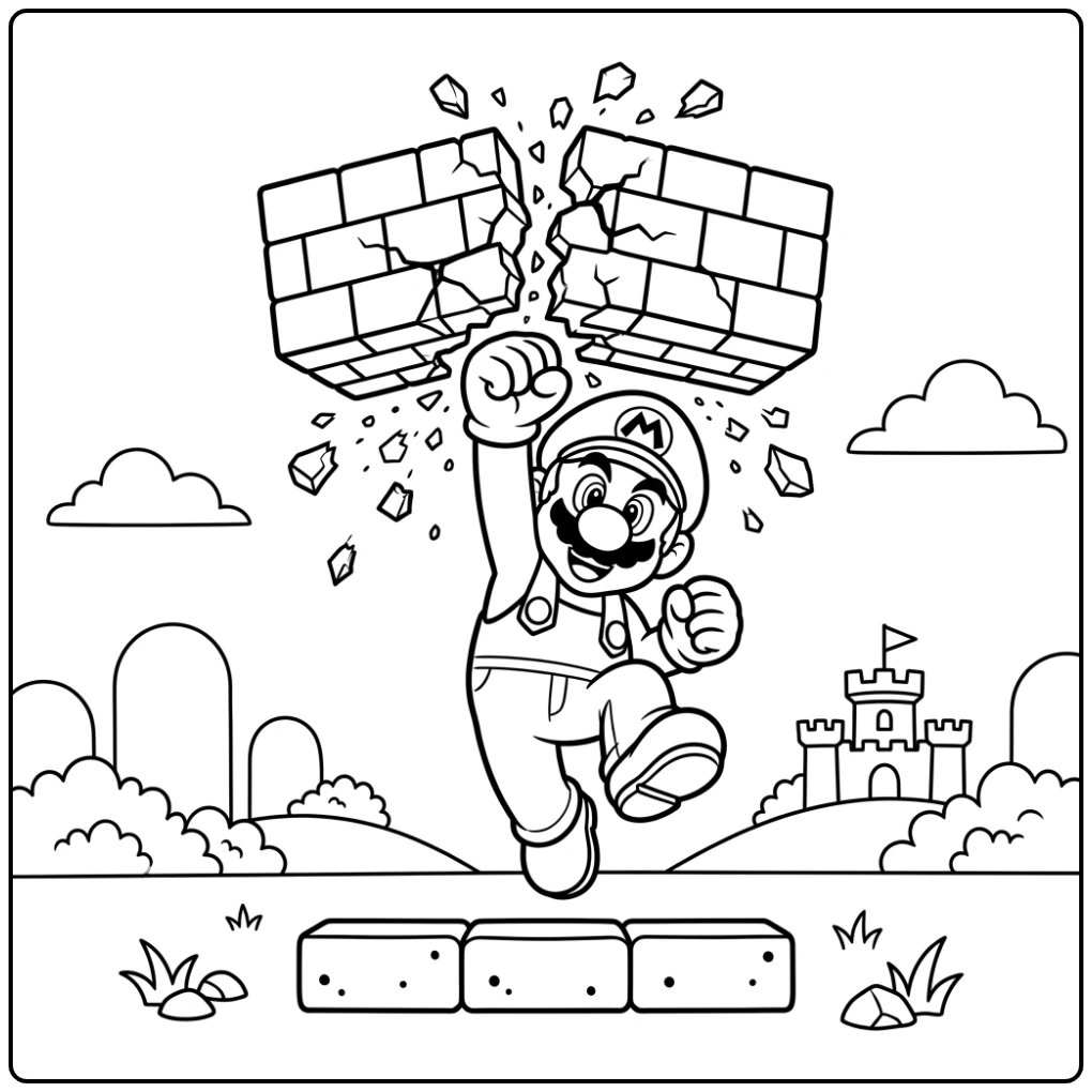 Actievolle mario kleurplaat: Mario sloopt een baksteenblok met kracht.