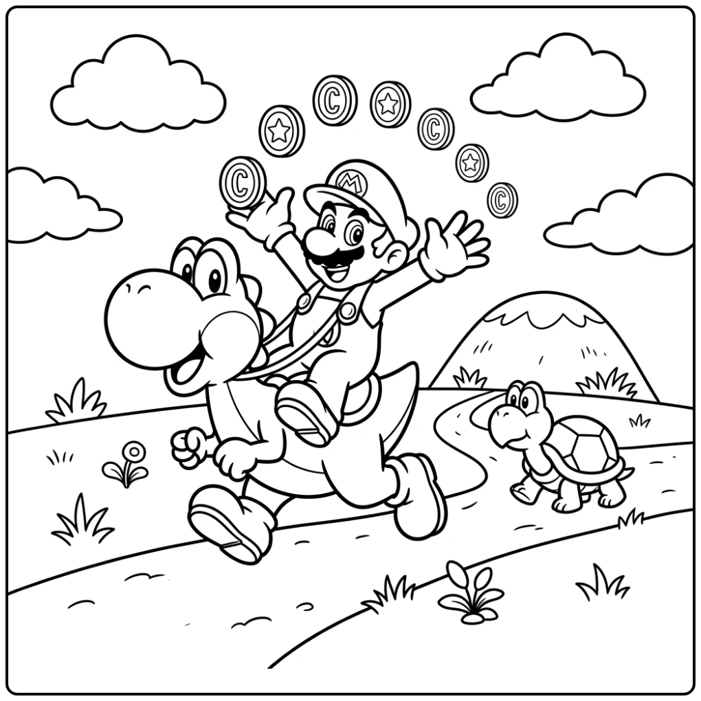 Mario kleurplaat: Mario en Yoshi verzamelen munten bij heuvels.