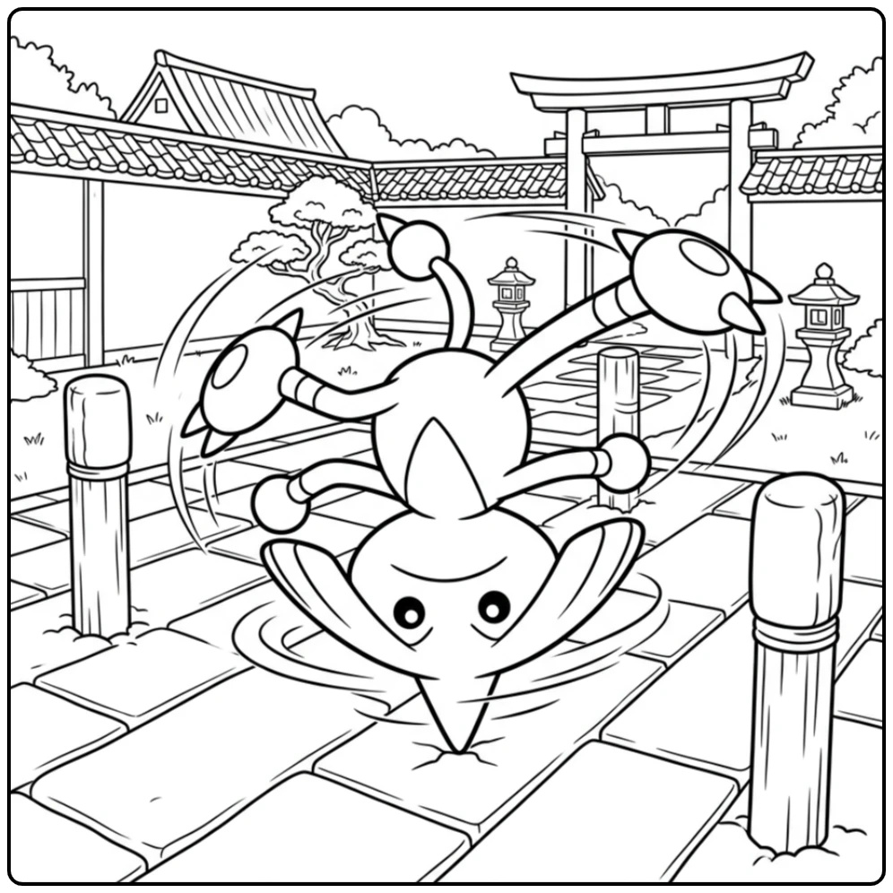 Leuke Pokemon Hitmontop kleurplaat draaiend in een dojo