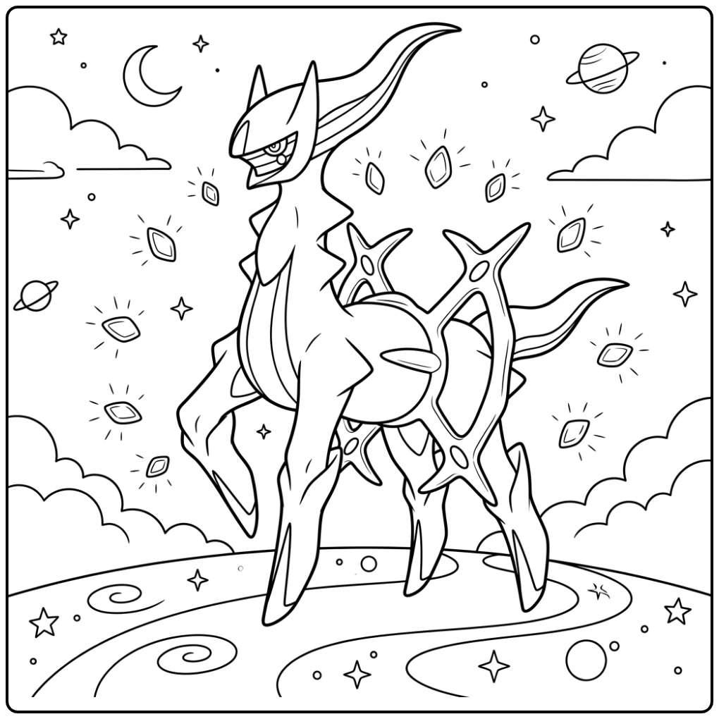 Machtige pokemon kleurplaat arceus met zwevende platen en kracht.