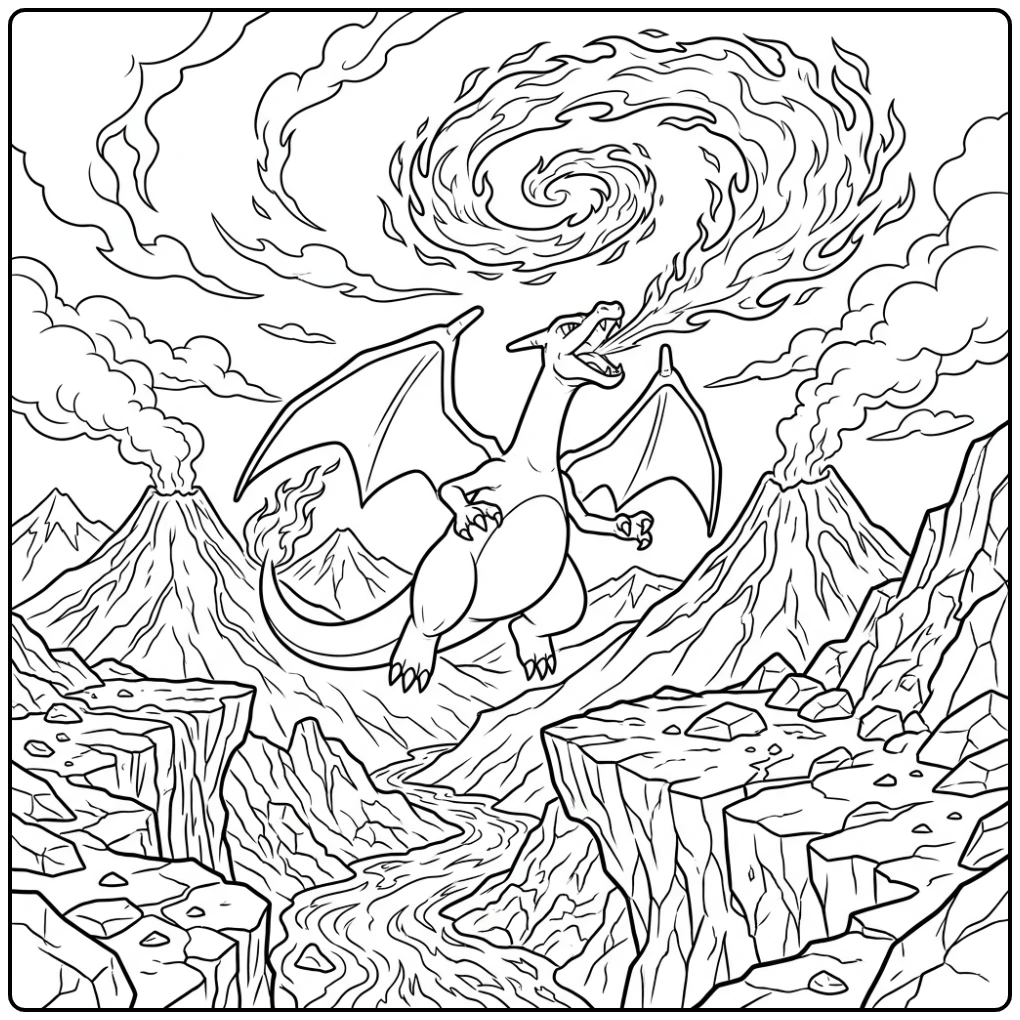 Machtige Charizard stijgt op met vlammen, een pokemon kleurplaat charizard moeilijk.