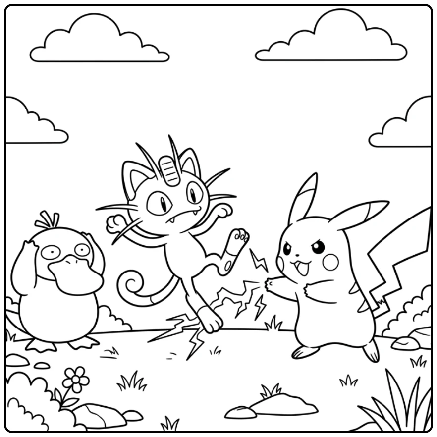 Pikachu vs Meowth: spannende pokemon kleurplaat makkelijk scène