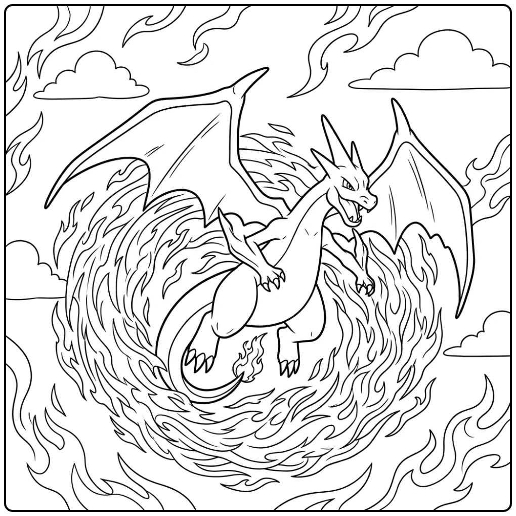 pokemon kleurplaat mega charizard y in actie: vurige spiraalaanval.