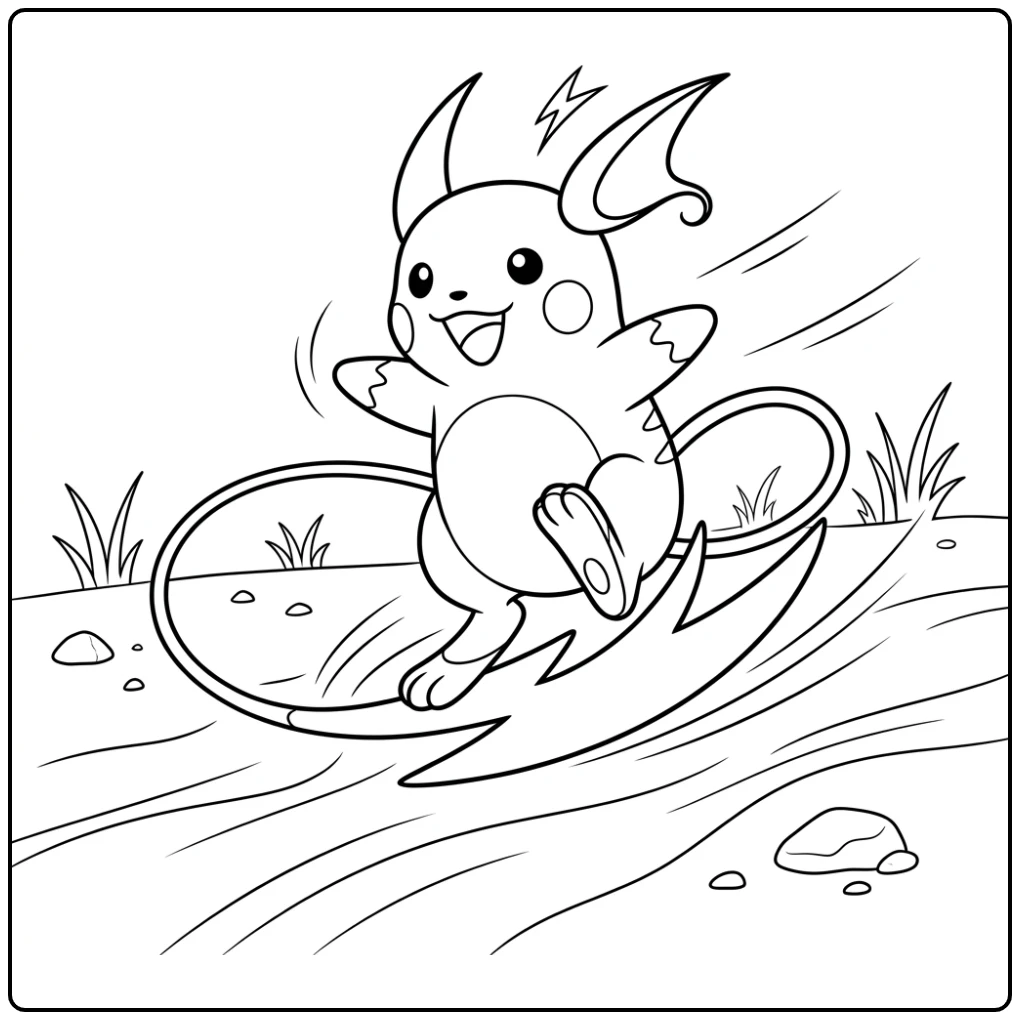 Energetische raichu kleurplaat: Raichu surft behendig op zijn staart.