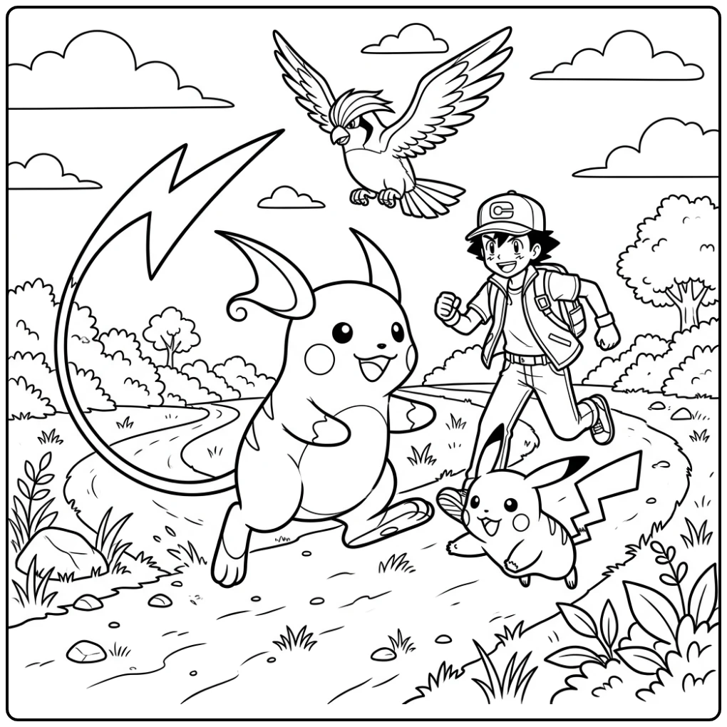Speelse raichu kleurplaat met Raichu en Satoshi die trainen.