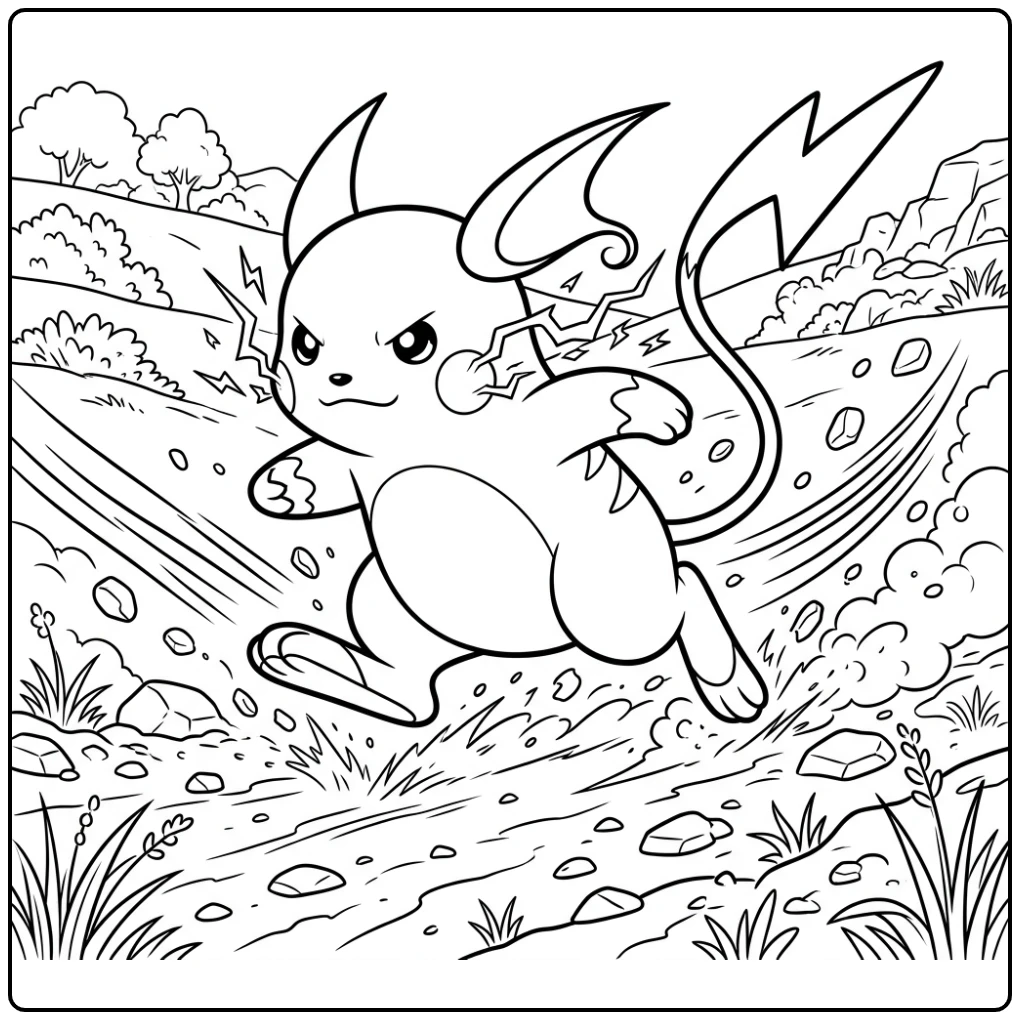 Raichu kleurplaat: snelle Raichu racet met geladen wangen.