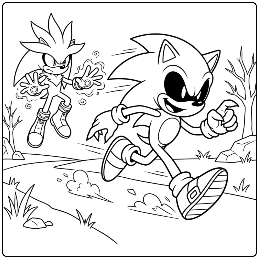 Sonic Exe kleurplaat: snelle Sonic en Silver met psychische krachten.