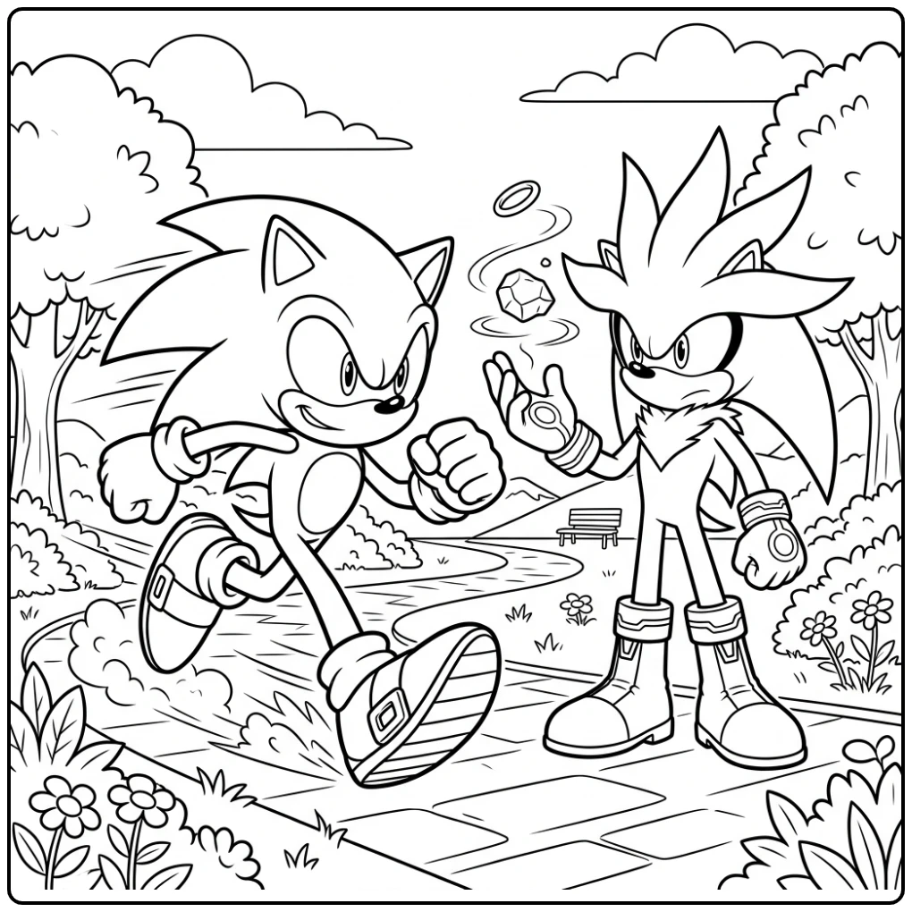 Sonic en Silver team-up actie: een spannende sonic kleurplaat.
