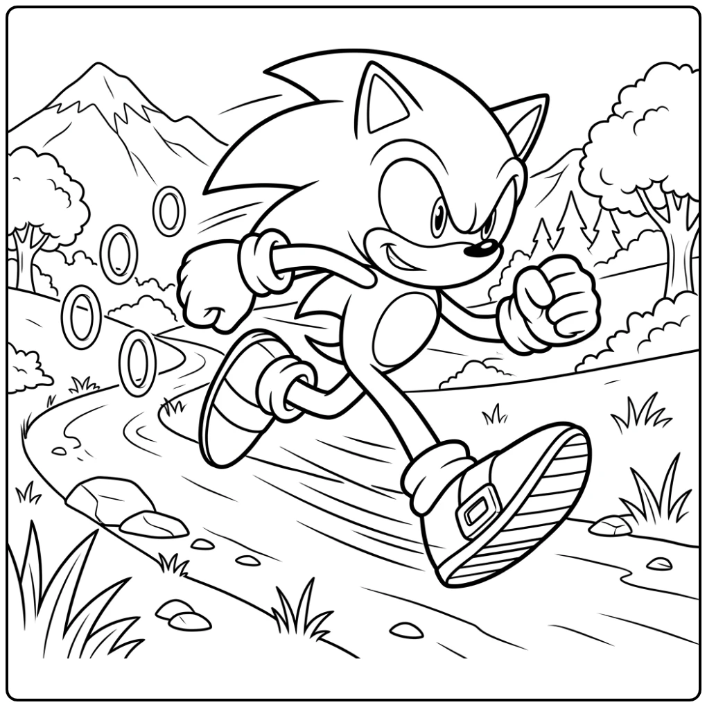 Snel sprintende sonic kleurplaat met ringen en vrolijke expressie.