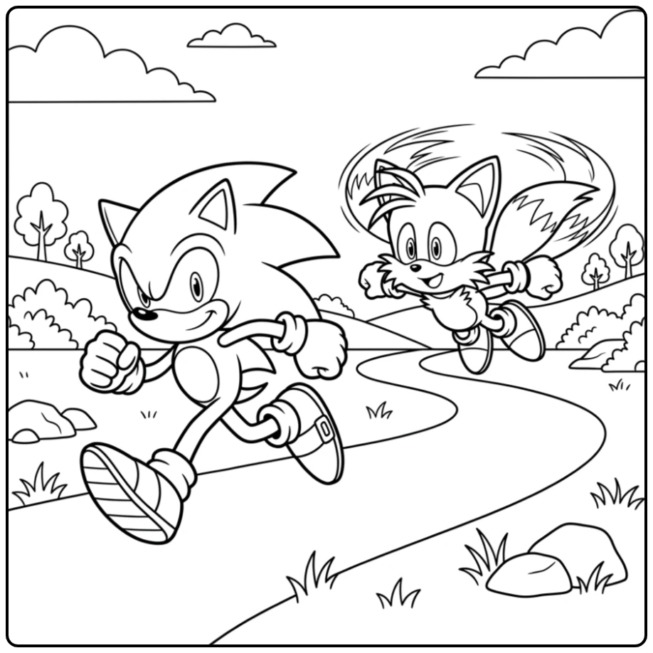 Tails en Sonic racen zij aan zij in deze avontuurlijke tails kleurplaat.