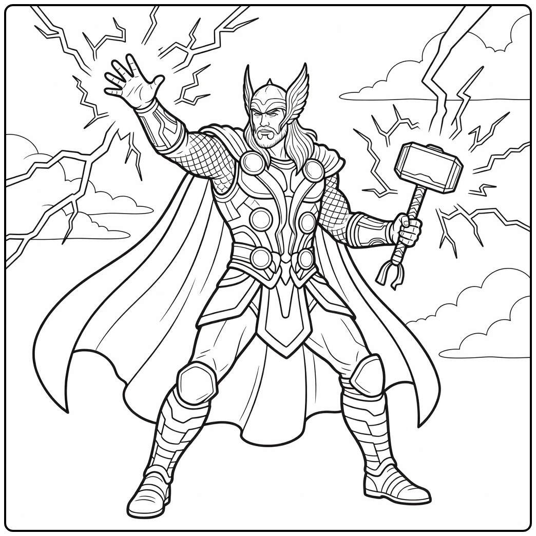 Stoere thor kleurplaat waar hij bliksem oproept met hamer.