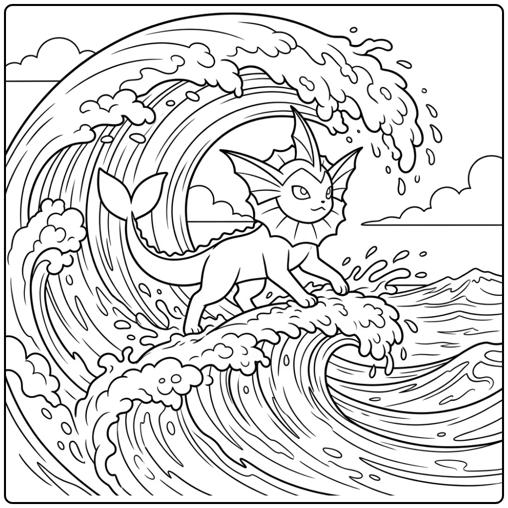 Vaporeon kleurplaat: Vaporeon surft dynamisch op een hoge, gekrulde golf.