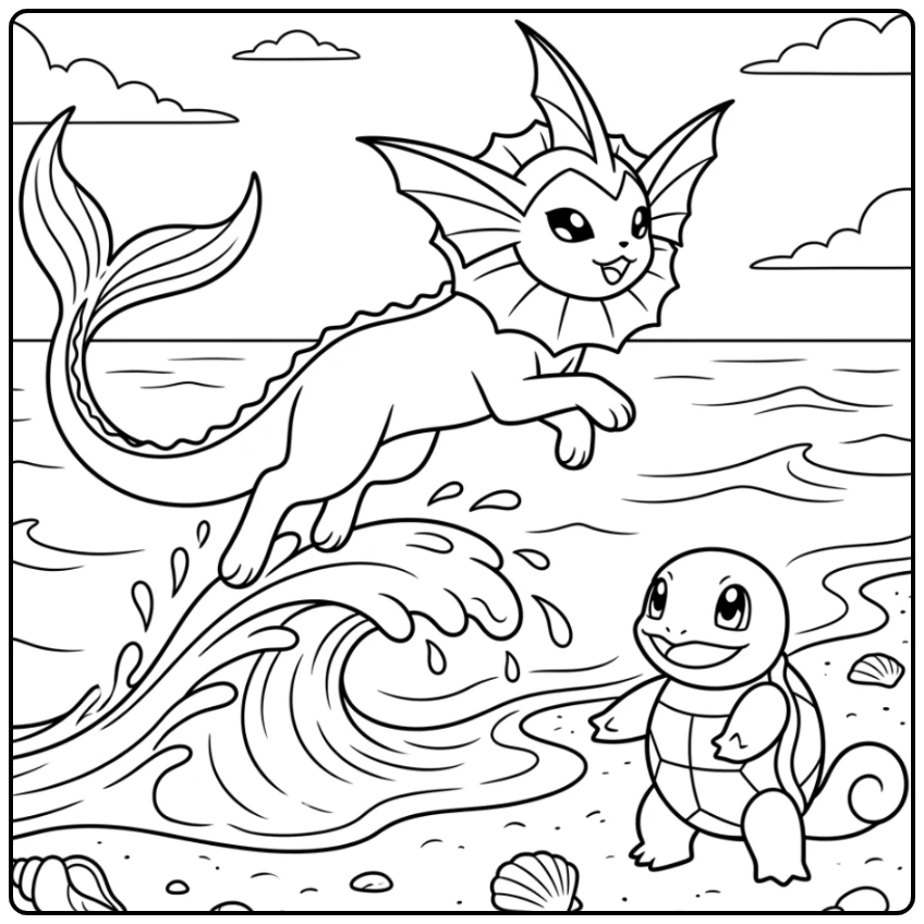 Vaporeon kleurplaat: elegante sprong uit golf met Squirtle op strand.