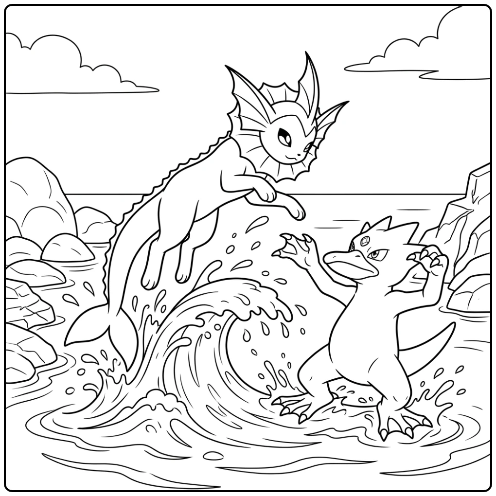 Actievolle vaporeon kleurplaat: Vaporeon springt tegen Golduck