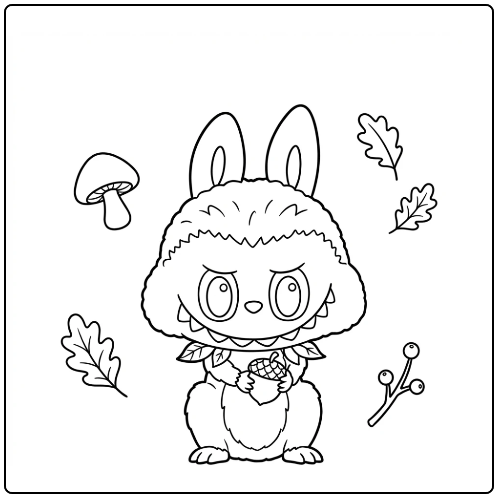 Schattige Eekhoorn Labubu Kleurplaat met een eikel en bladeren.