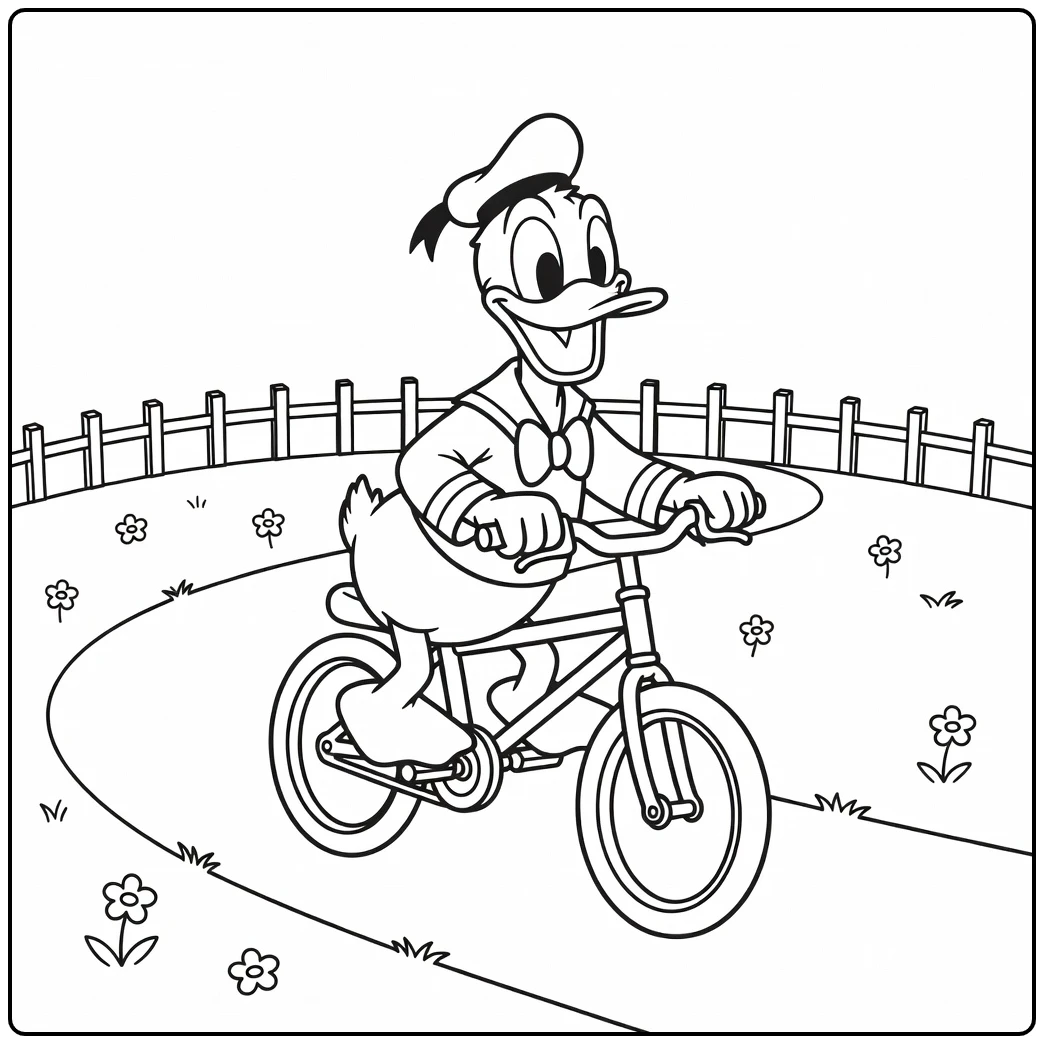 Donald Duck vrolijk fietsend, een donald duck kleurplaat makkelijk.