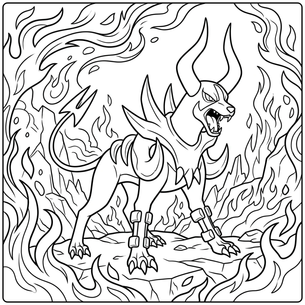 Mega Houndoom pokemon kleurplaat met vlammen en krachtige hoorns.