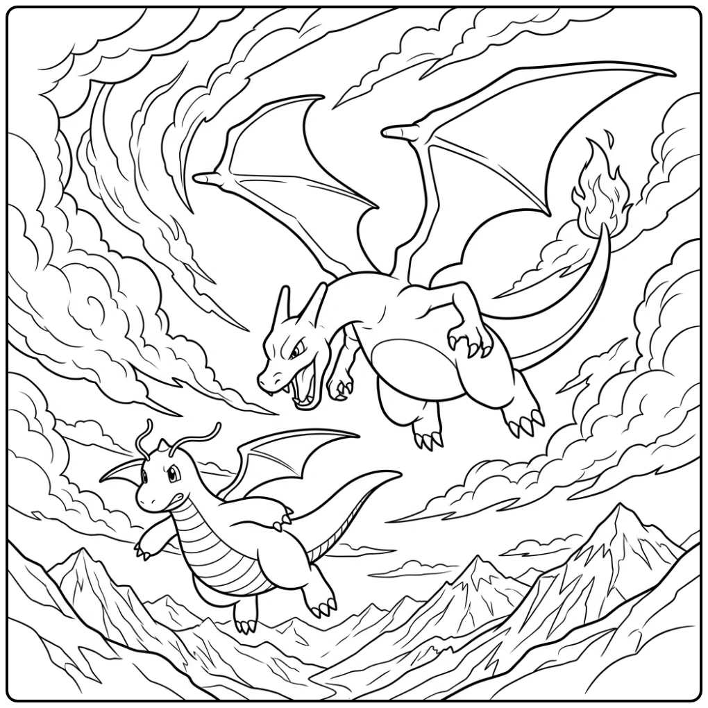Charizard jaagt op Dragonite in de lucht, een pokemon kleurplaat charizard moeilijk tafereel.