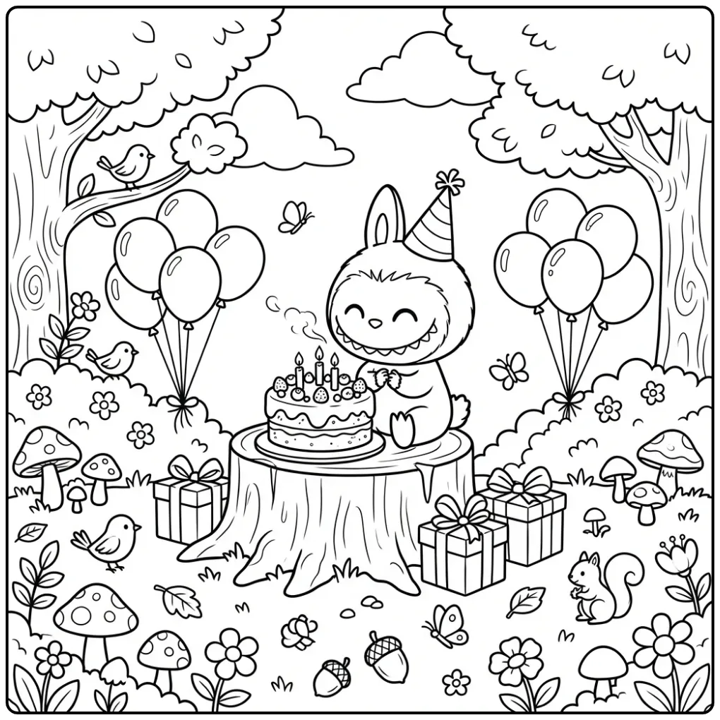 Leuke kleurplaat labubu verjaardag met taart en ballonnen.