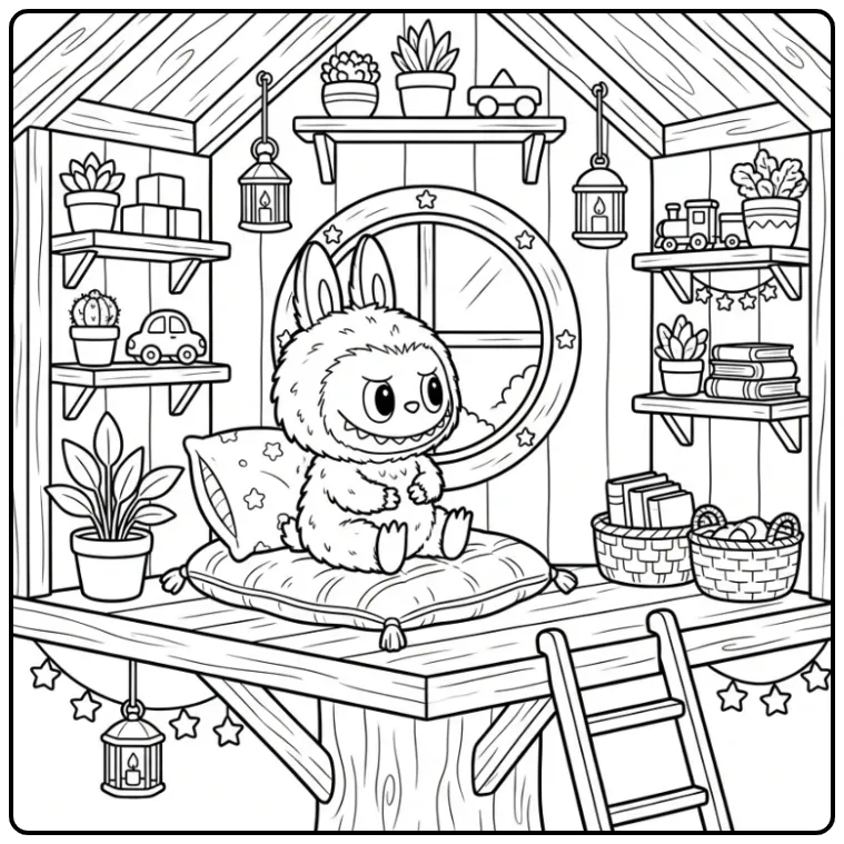 Schattige labubu kleurplaat cute in een boomhut met speelgoed.