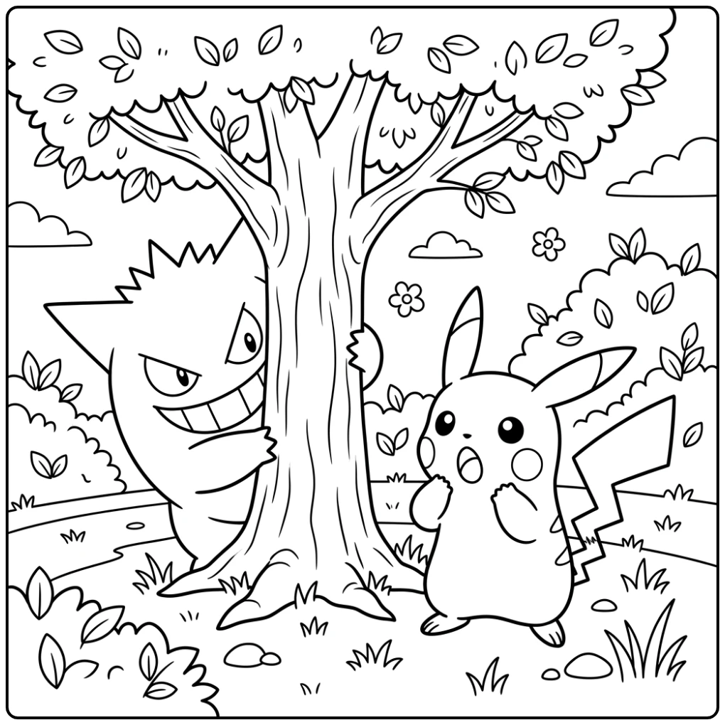 Gengar verstopt, Pikachu verrast - een kleurplaat pokemon schattig