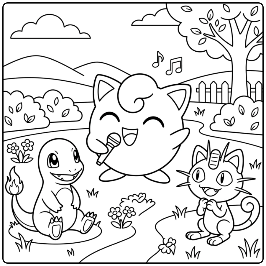 Vrolijke jigglypuff kleurplaat van Jigglypuff die zingt in het park.