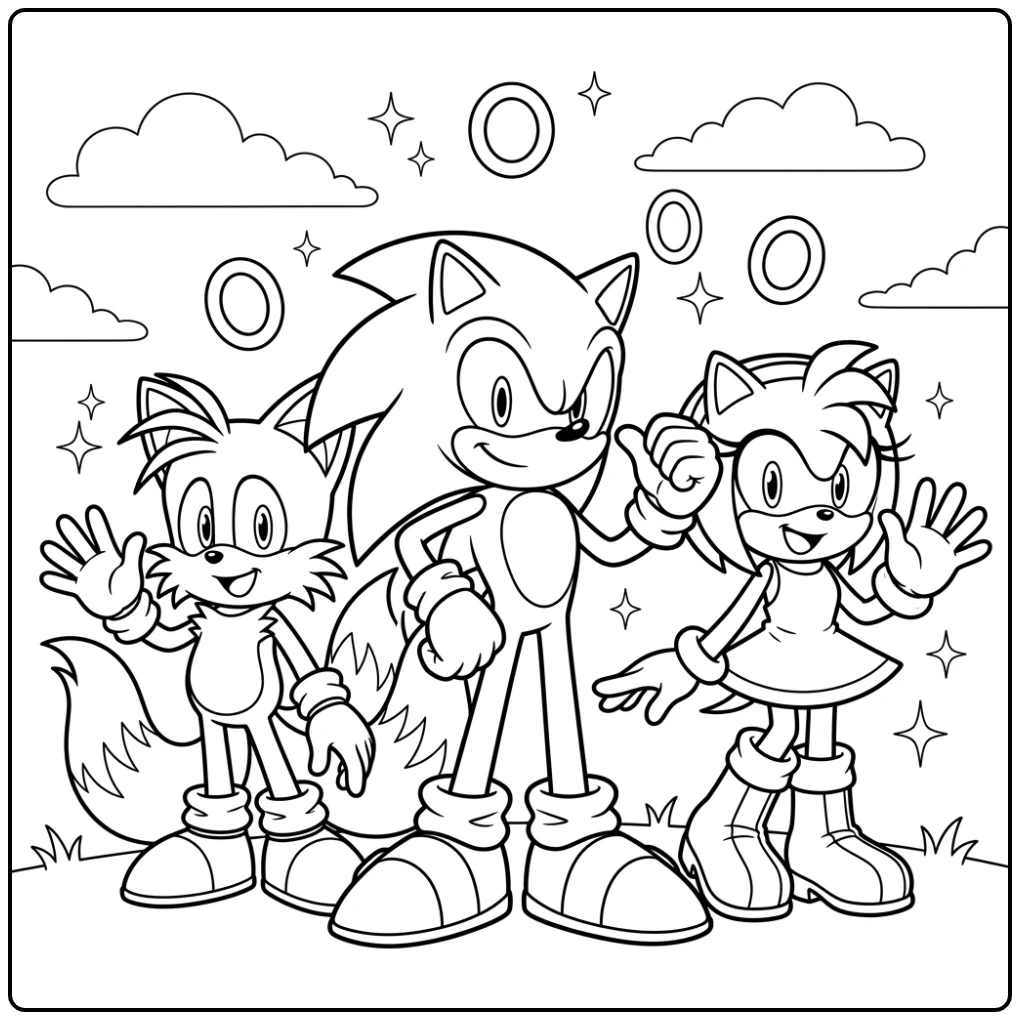 Sonic, Tails en Amy Rose in heldhaftige pose: sonic kleurplaat.