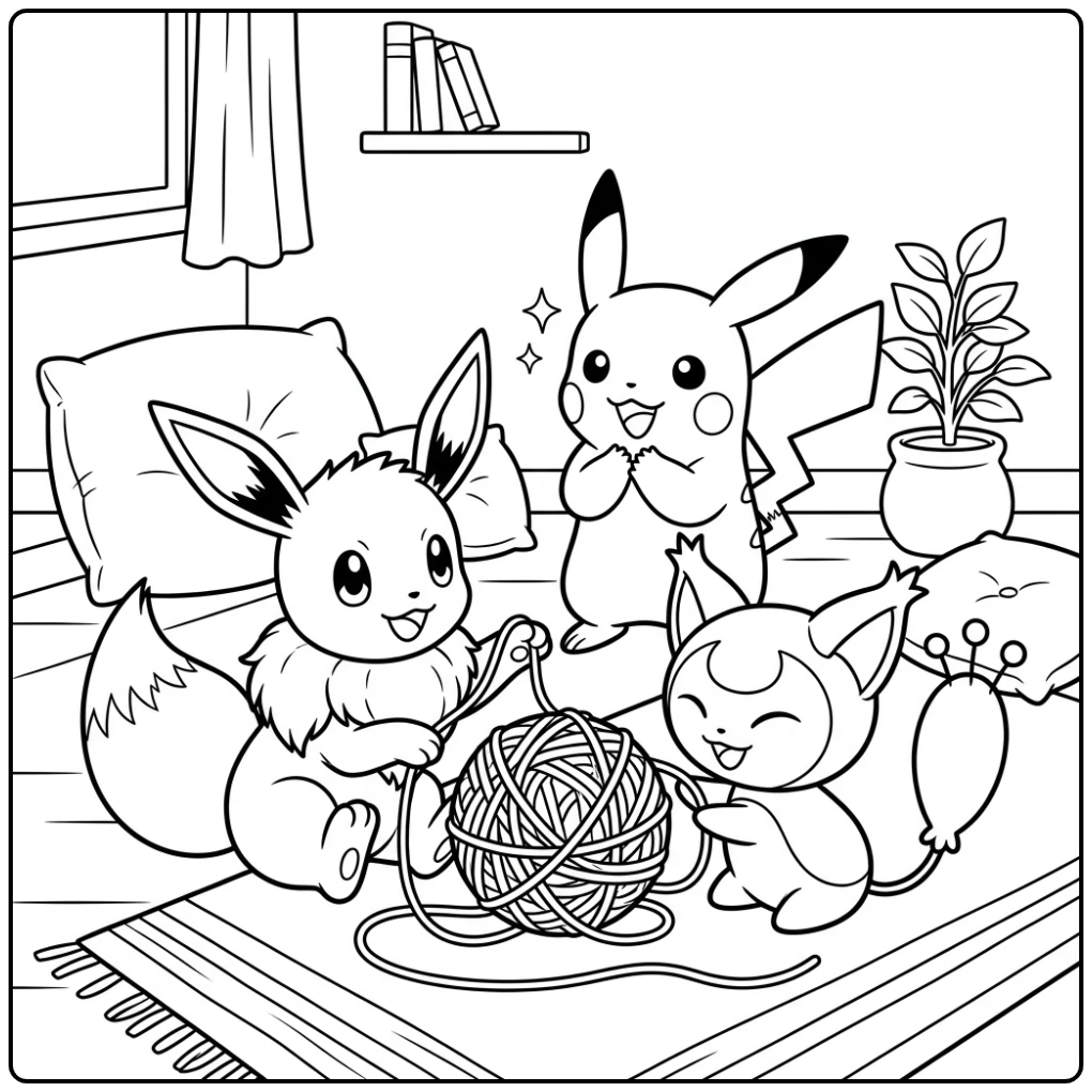Eevee en Skitty spelen met garen, Pikachu juicht, kleurplaat pokemon schattig.