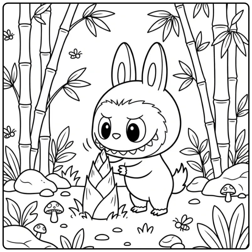 Schattige kawaii labubu kleurplaat in een rustige bamboetuin.