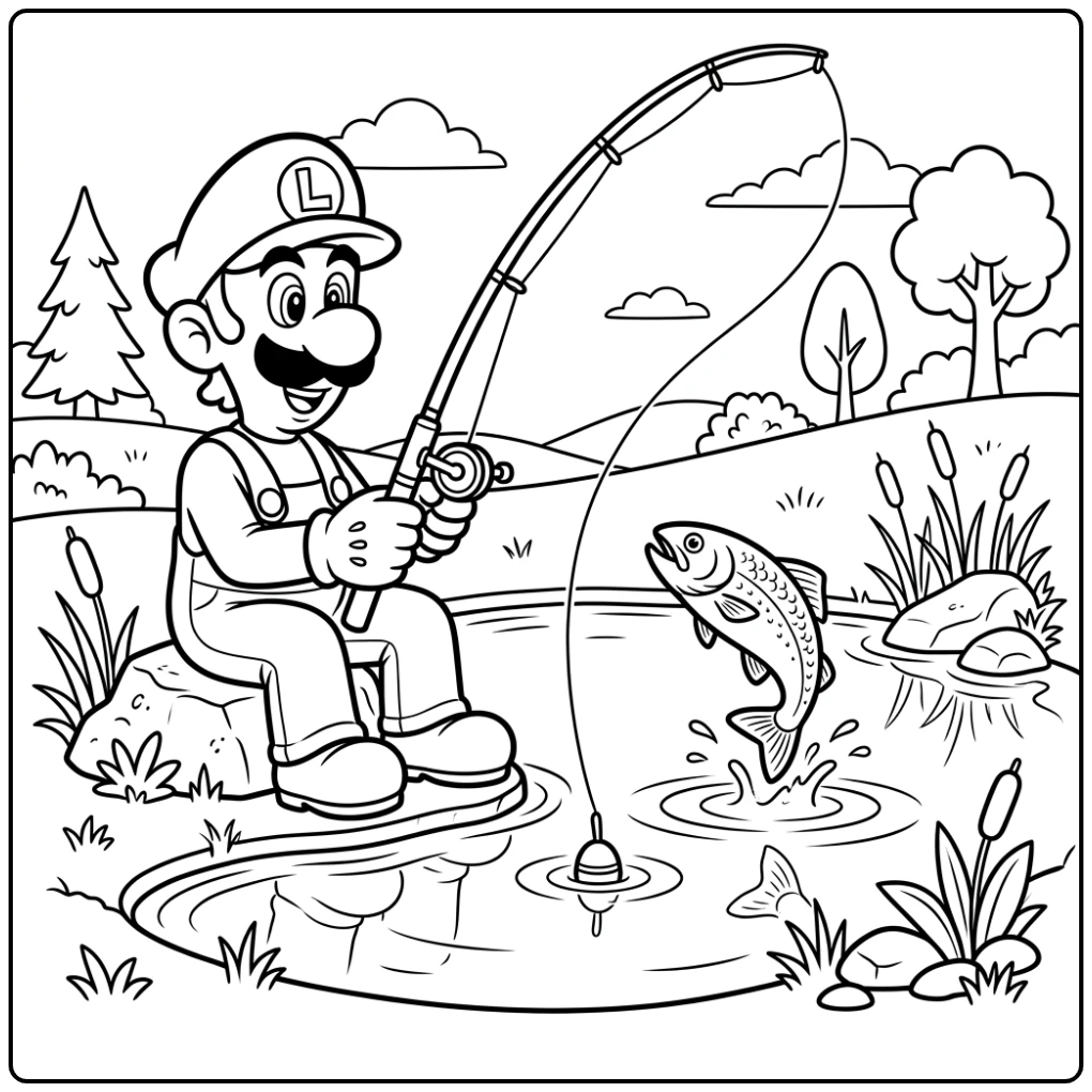Luigi kleurplaat: Luigi vist ontspannen bij een vijver met springende vis.