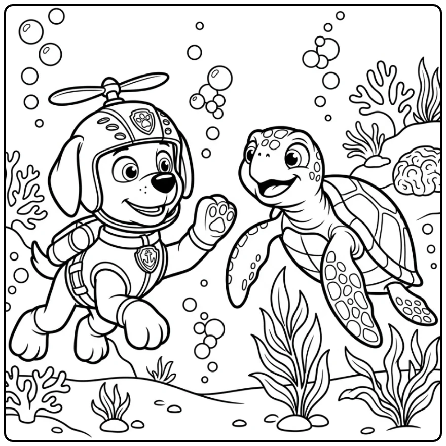 Zuma Paw Patrol kleurplaat: Zuma onder water zwaait naar schildpad.