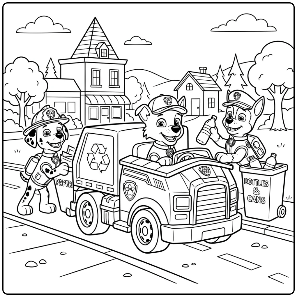 Rocky Paw Patrol kleurplaat: Rocky en zijn vrienden recyclen.