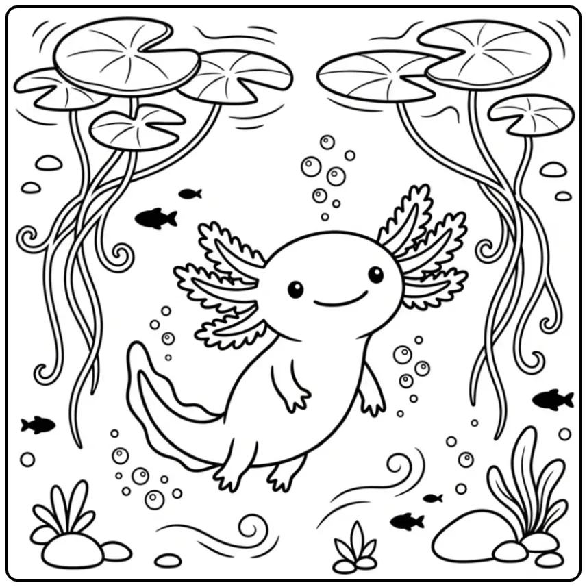 Download deze schattige axolotl kleurplaat met bubbels.
