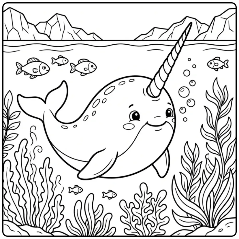 Lieve kleurplaat narwal zwemmend tussen wieren en ijs.