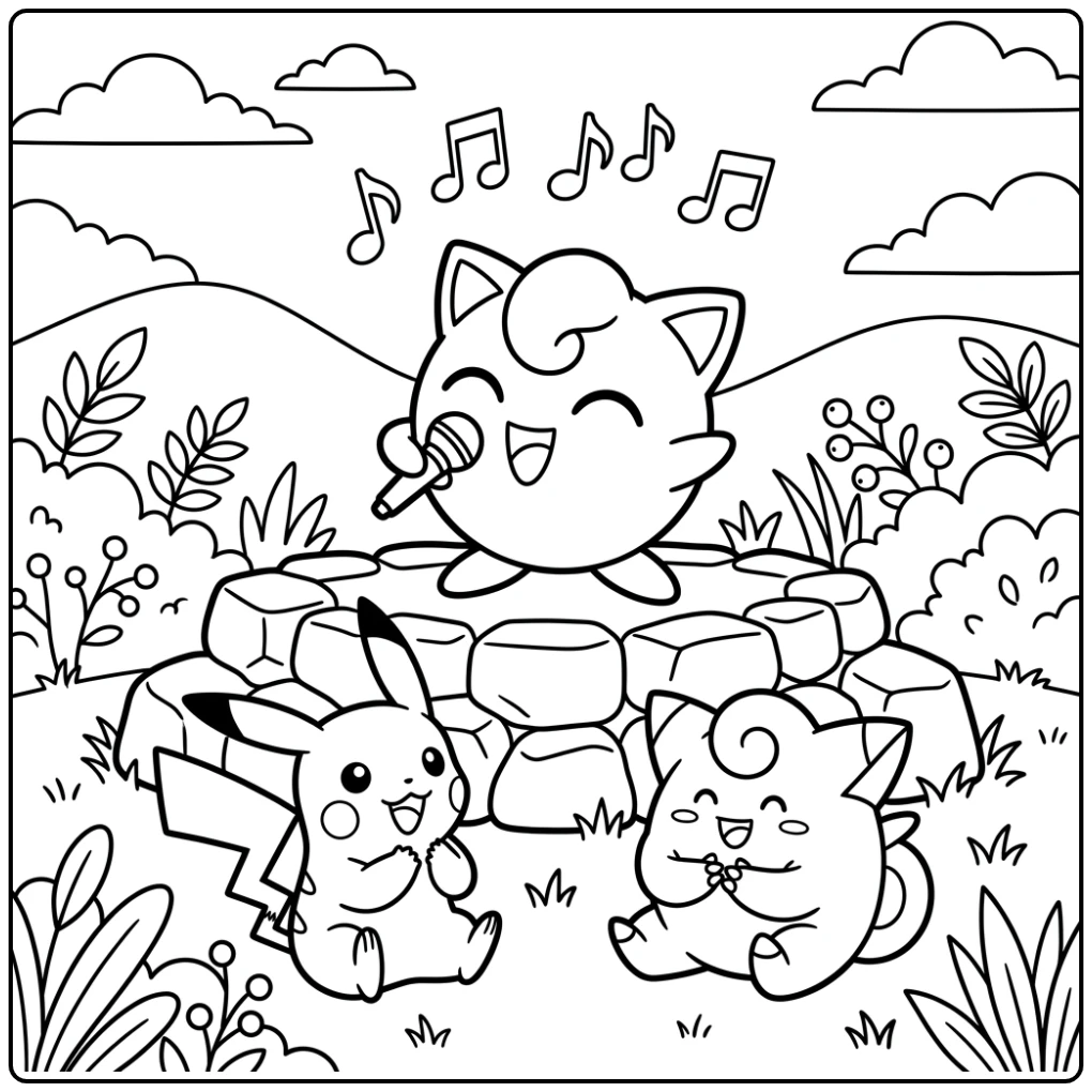 Jigglypuff zingt voor Pikachu en Clefairy: kleurplaat pokemon schattig