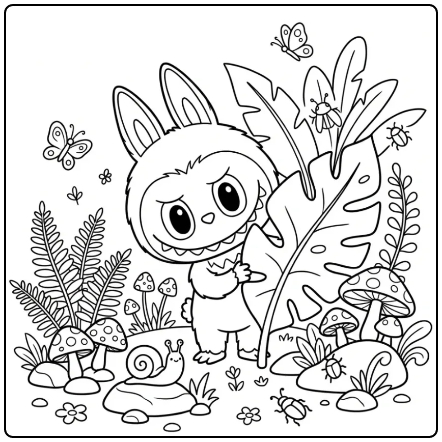 Nieuwsgierige labubu kleurplaat cute achter een groot blad.