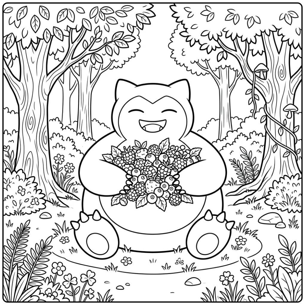 Vrolijke snorlax kleurplaat van Snorlax met bessen in bos.