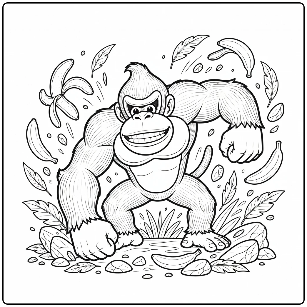 donkey kong kleurplaat waar hij met vuisten op aarde stampt