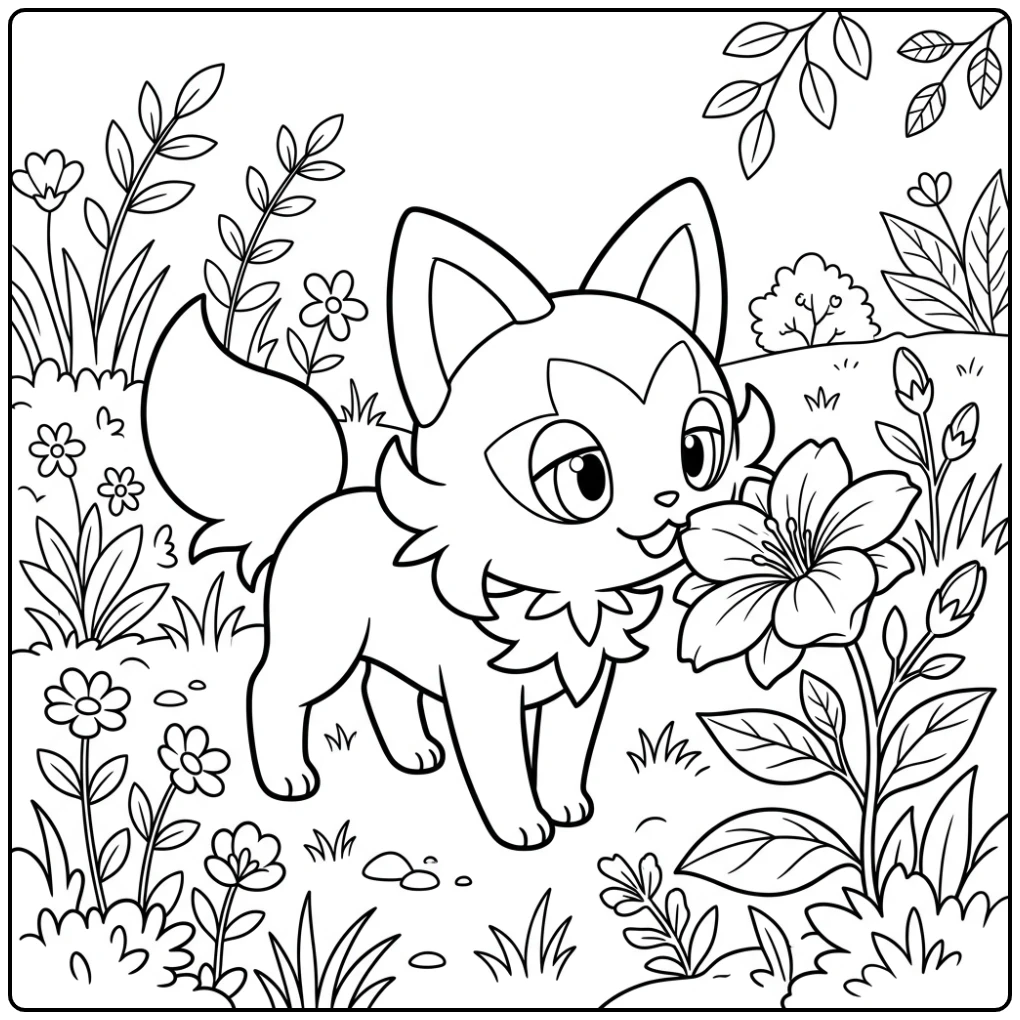 Nieuwe kleurplaat pokemon sprigatito: nieuwsgierige Sprigatito ruikt bloem.