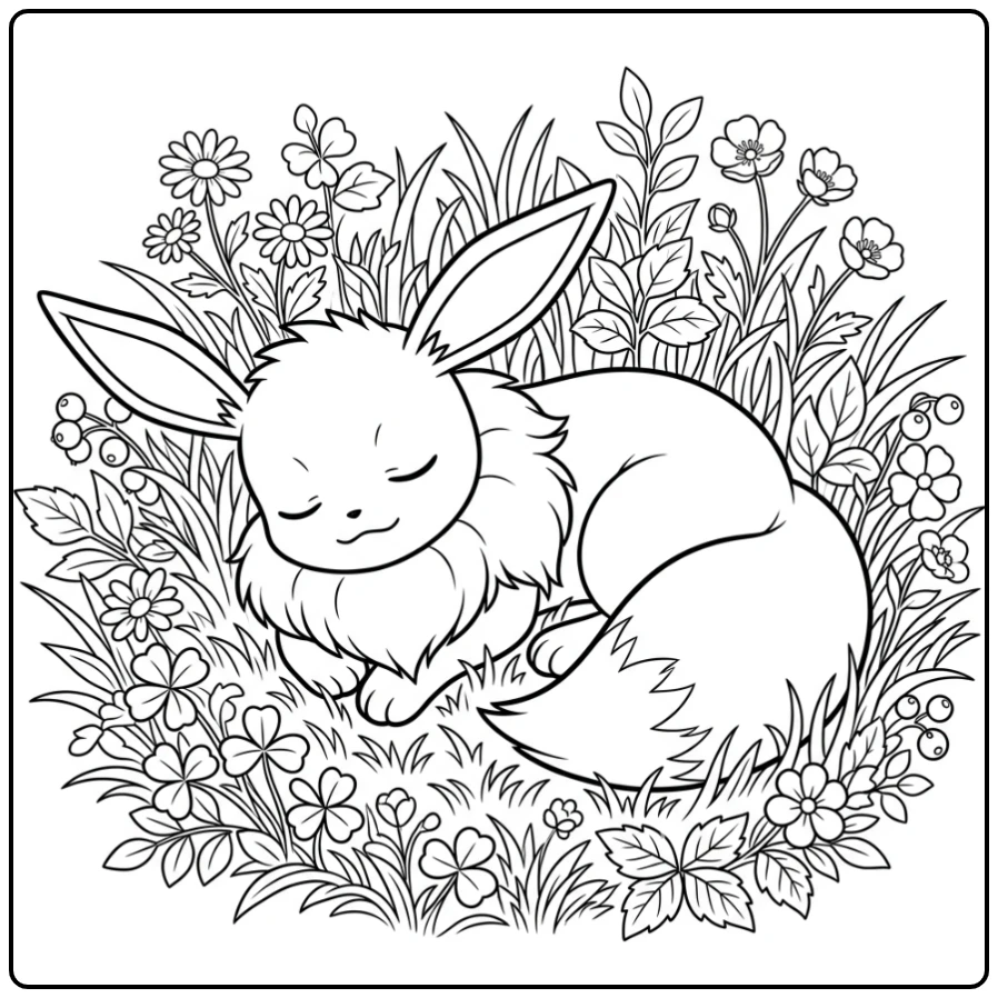 Eevee kleurplaat: slapende Eevee op gras met bloemen.