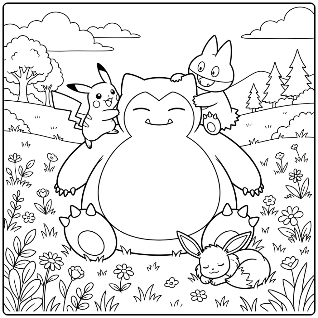 Vrolijke snorlax kleurplaat met Pokémon vrienden in een weide