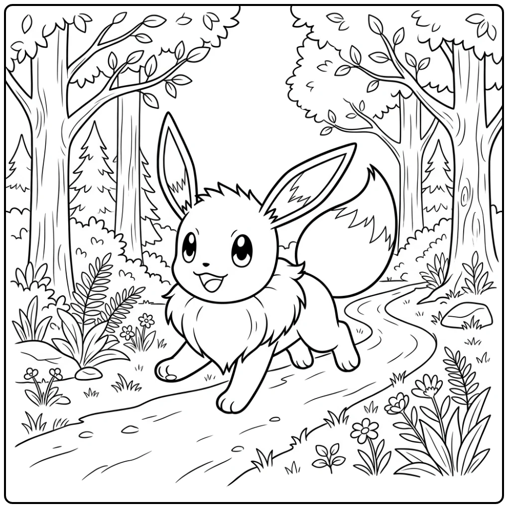 Eevee kleurplaat: Vrolijke Eevee rent door bos, eenvoudig pad.
