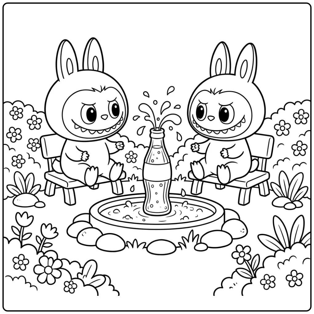 Leuke kleurplaat labubu cola met een bruisende fontein.