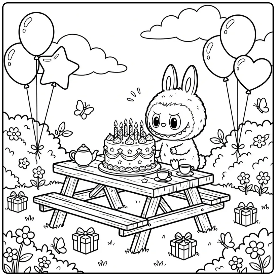 Leuke kleurplaat labubu verjaardag met taart en ballonnen.