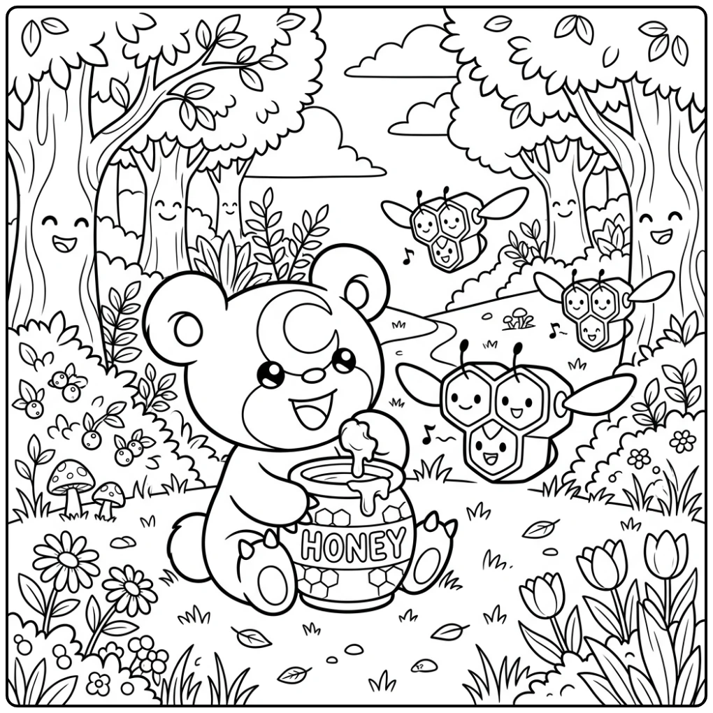 Teddiursa met honingpot in bos, Combee vliegt; kleurplaat pokemon schattig