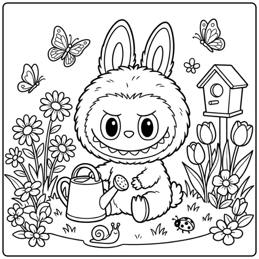 Schattige labubu kleurplaat cute met bloemen en vlinders.