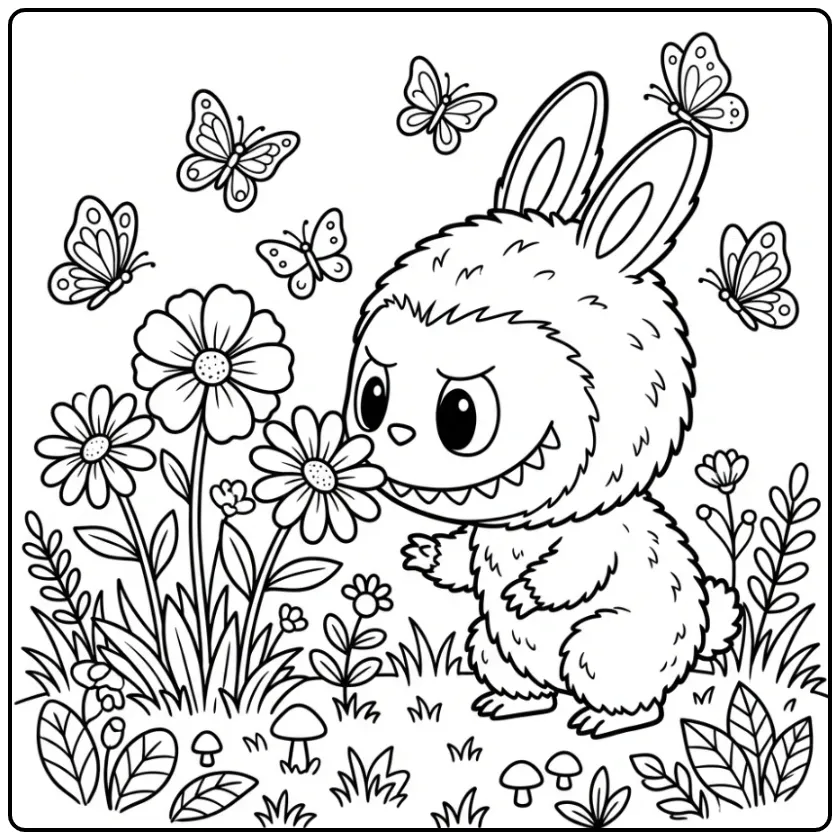 Schattige labubu kleurplaat cute ruikt aan bloemen.