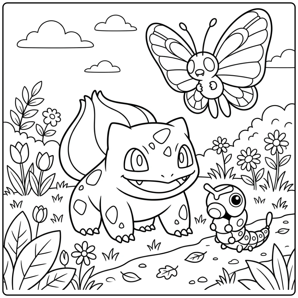 Bulbasaur, Butterfree, Caterpie: een pokemon kleurplaat makkelijk scene